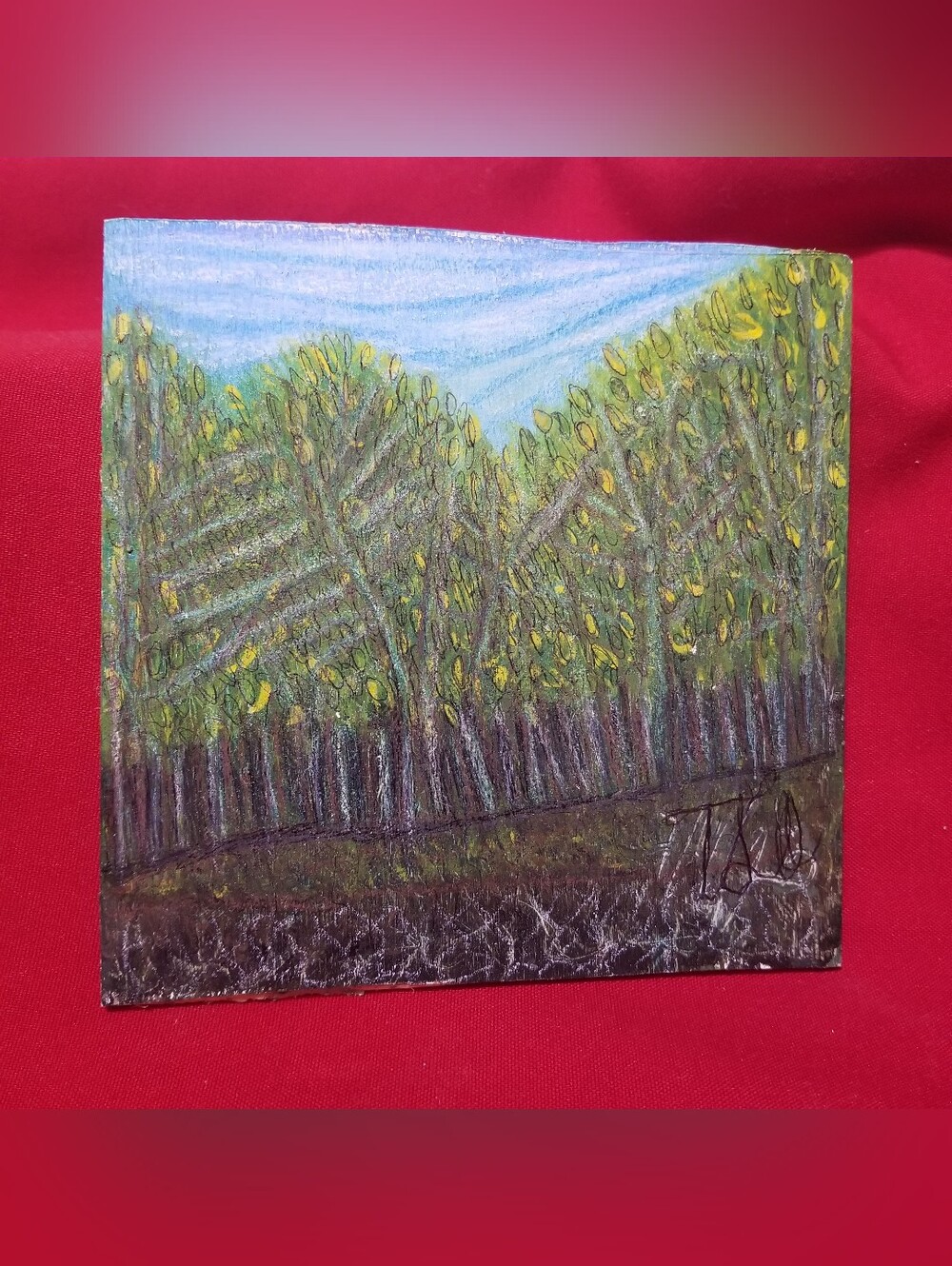 Handmade M.T.S. Green and Blue Forest Landscape Wall Art With Yellowish Leaves